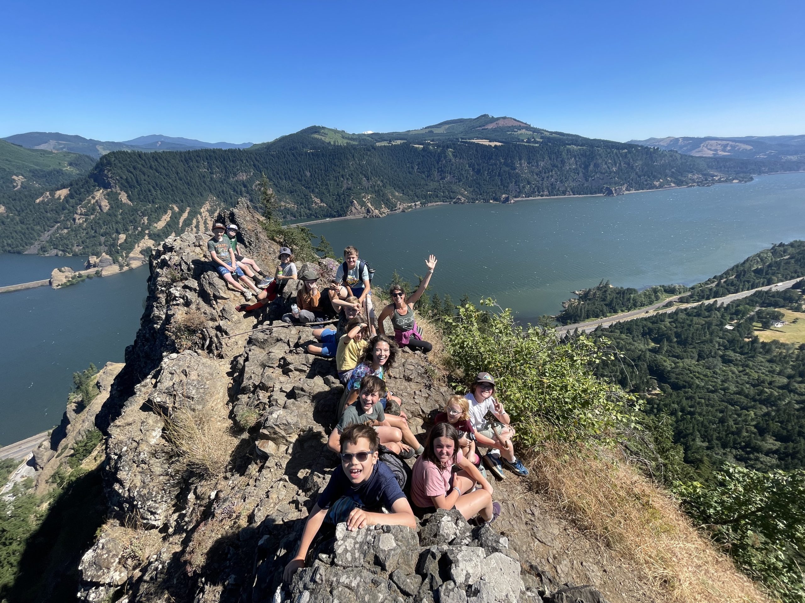 Mitchell Point Summer Camp - Kids at the top of a hill with Columbia River in background