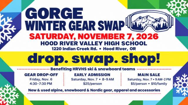 Snowy ski event poster with goggles