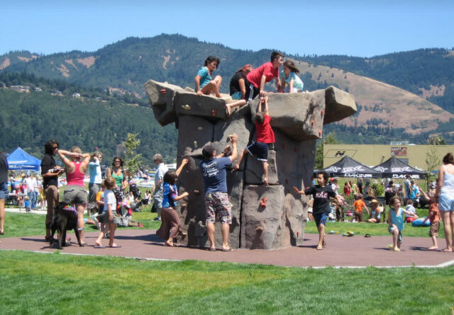 Kids Climbing a Rock Wall at Waterfront Park, Hood River, Oregon