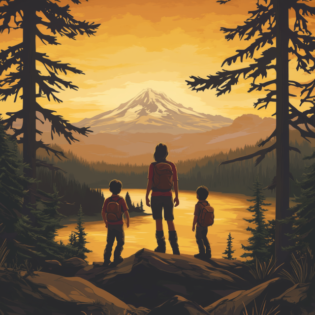 Illustrated image of a parent and two children standing on a hillside ledge