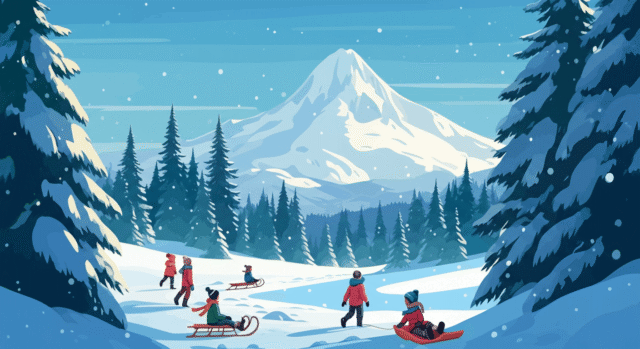 Illustrated image of kids playing in a snowy wooded area with a majestic mountain in the background
