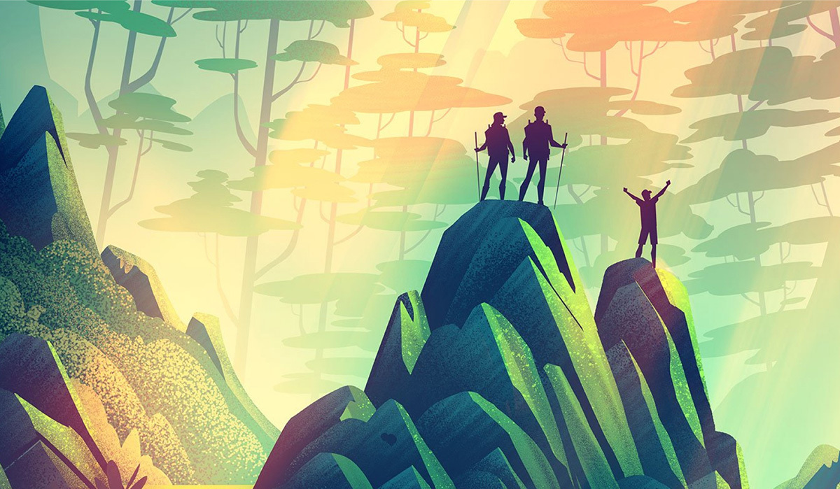 Gorge Youth illustration of family hiking a tall mountain